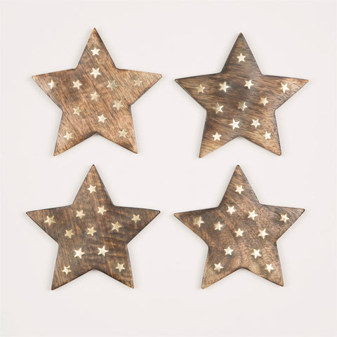 Set of 4 Wooden Star Coasters with Brass Inlay