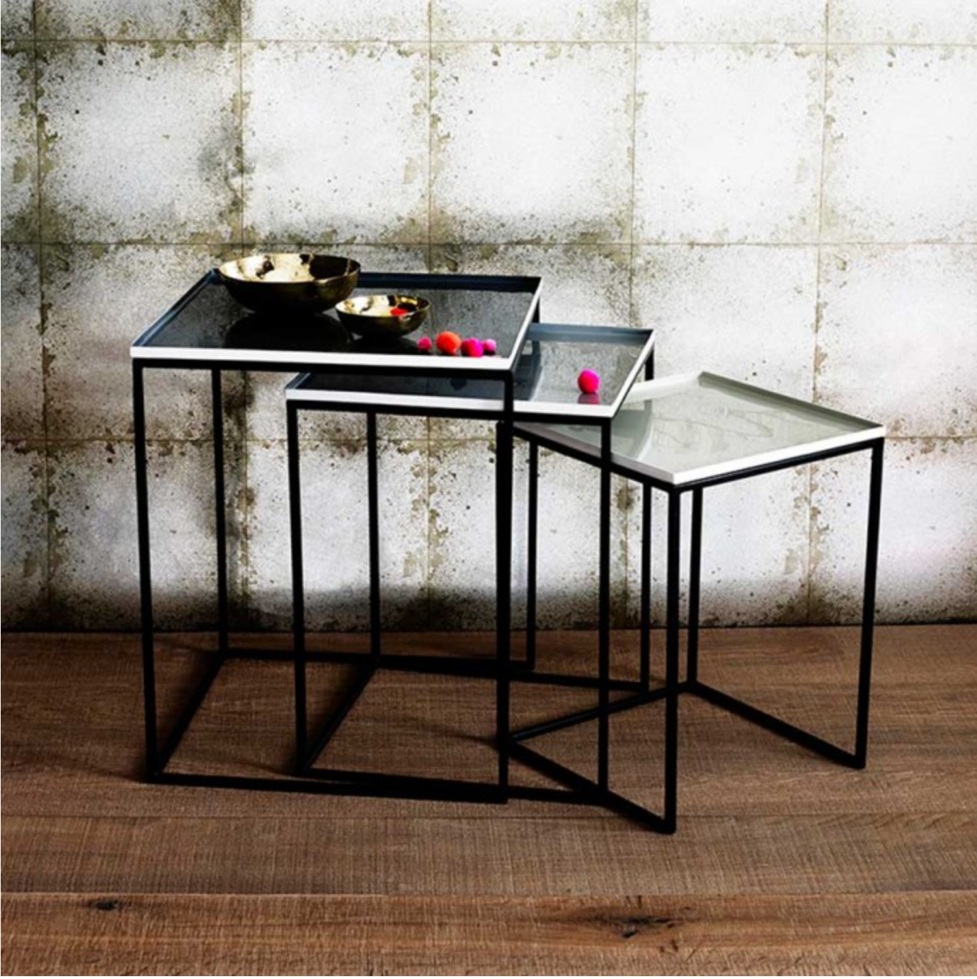 Square Tray Enamel Nesting Tables - Set of 3 Greys